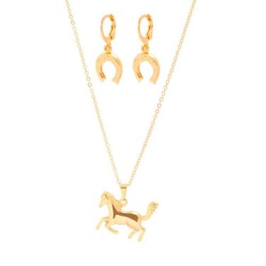 Imagem de Conjunto Colar E Brinco Pingente Cavalo Folheado A Ouro 18k - Milena J