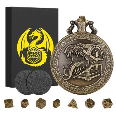 Imagem de Mini DND Dice Set with Steampunk Tongue Treasure Chest Pocket Watch Shell Case, 7pcs Polyhedral Metal Dice Set, DND Starter Set, D&D Gifts with Gift Box, Role Playing Board Game Accessories, Bronze