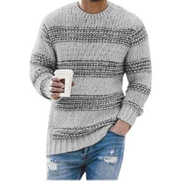 Imagem de Suéter De Malha Macia Pulôveres Confortáveis Manga Longa Suéter Masculino Listrado Estampado Casual Gola Redonda Pulôver De Malha Elástica Roupa De Rua, Grey, XL