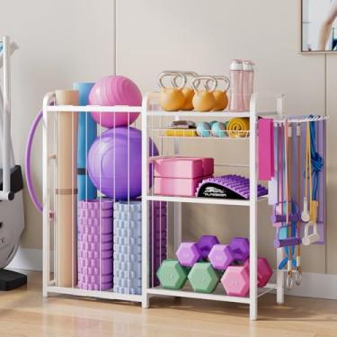 Imagem de Rack de armazenamento de academia em casa, organizador de armazenamento para tapete de ioga, halteres, kettlebells, tira de ioga e faixas de resistência, suporte ideal para tapete de ioga e