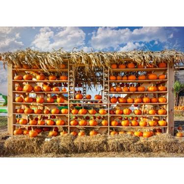Imagem de Fmarui Pano de fundo de abóbora, 2,1 x 1,5 m, outono, mercado de fazendeiros, prateleiras de madeira, fundo de parede de abóbora para Halloween, outono, ação de graças, tema de festa da colheita