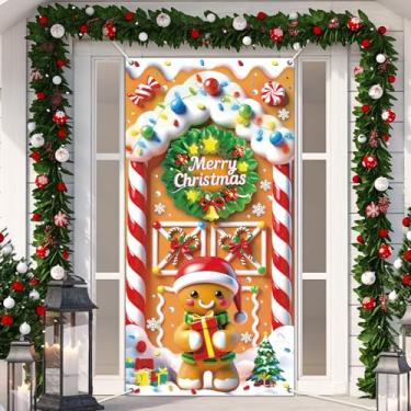Imagem de Decoração de porta de casa de pão de gengibre de Natal faixa de pendurar casa de gengibre faixa de porta de guirlanda de bengala doce faixa de porta para Natal feriado Candyland festa pano de fundo