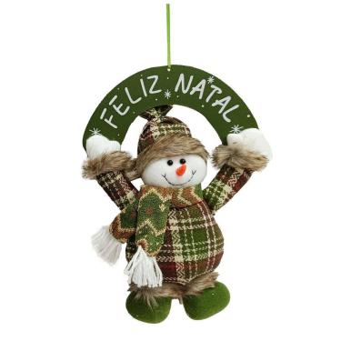 Imagem de Guirlanda Placa Feliz Natal Madeira Boneco de Neve Decorativo Pelúcia Verde Xadrez e Cachecol Crochê 30cm