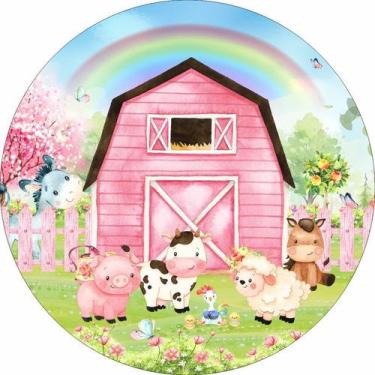 Imagem de Painel de Lona Redondo Fazendinha Rosa Arco Íris Cute - Fabrika de Fes