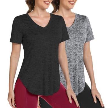 Imagem de Camisa de treino Alovien feminina de manga curta com decote em V preta