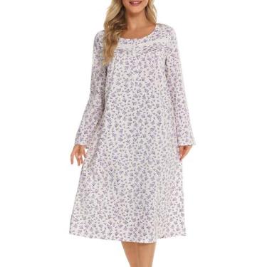 Imagem de Camisola Bloggerlove Vintage Feminina Algodão Branco Roxo XXL