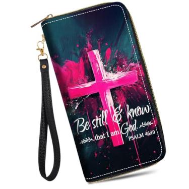 Imagem de JDHJFBFJNP Carteira feminina de grande capacidade de couro PU com zíper bolsa clutch para dinheiro/cartão/moeda/smartphone, Sagrada Cruz Citação Versículo da Bíblia Salmo 46:10, One Zipper Wallet