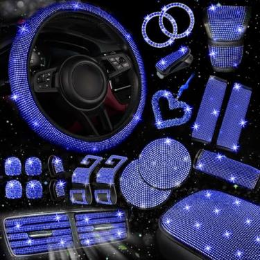 Imagem de NBTEPEM Conjunto de 30 peças de acessórios de carro azuis brilhantes para mulheres, conjunto de capa de volante azul, capa de console brilhante, almofada de cinto de segurança, almofada de botão de