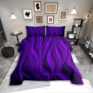 Imagem de Erosebridal Conjunto de edredom Queen listrado preto roxo 3D abstrato para meninas mulheres retrô geometria estética conjunto de edredom quente macio