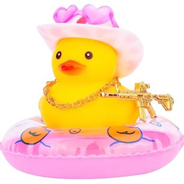 Imagem de MuMyer Decoração de painel de pato de borracha para carro, mini acessórios de ornamento de carro de pato amarelo com mini chapéu de caubói e óculos de sol coloridos para painel de carro (óculos de