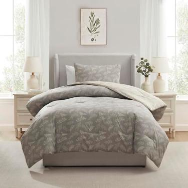 Imagem de Nestl Conjunto de edredom solteiro/solteiro GG – Conjunto de cama cinza em uma bolsa, 2 peças, reversível, conjunto de cama floral macio para dormitório universitário, edredom botânico para todas as