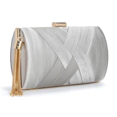 Imagem de Wytidian Bolsa clutch feminina formal para noite bolsa de ombro transversal para festa de casamento bolsa com borla, Prata, 6.75" x 2.75" x 4.25"