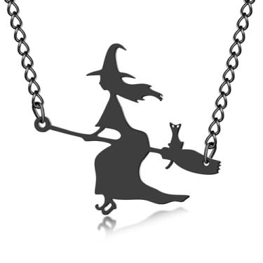 Imagem de Hipunk Colar de gato com silhueta de bruxa de Halloween, pingente de abóbora com lua crescente, corrente de aço inoxidável, ouro, prata, preto, ONESIZE, Aço inoxidável, Sem Pedra Preciosa