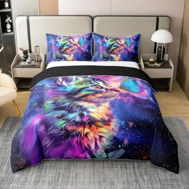 Imagem de Erosebridal Capa de edredom de gato fofo, 100% algodão, tamanho solteiro, galáxia roxa, jogo de cama macio, borboleta azul, universo com glitter e estrelas para crianças, meninos, meninas, capa de