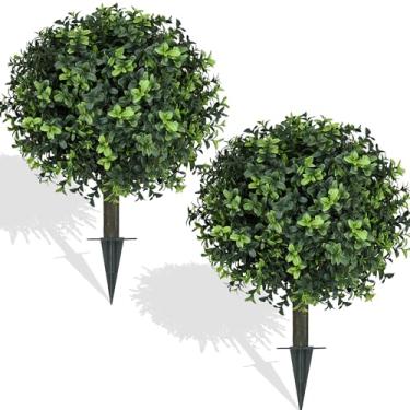 Imagem de Muhanjia Bola de topiária artificial de buxo, conjunto de 2, arbustos artificiais resistentes a UV com espiga no solo, planta perene falsa fácil de inserir no chão para varanda ao ar livre e interna