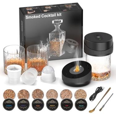 Imagem de Kit de defumador de uísque elétrico com 6 lascas de madeira, sem chamas e operação segura, recarregável, kit de defumador de coquetel com 2 copos e 2 moldes de bola de gelo, presentes de aniversário e