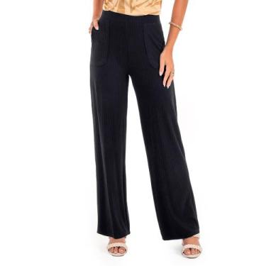 Imagem de Calça Feminina Habana Pantalona Canelada Preto, Preto, GG