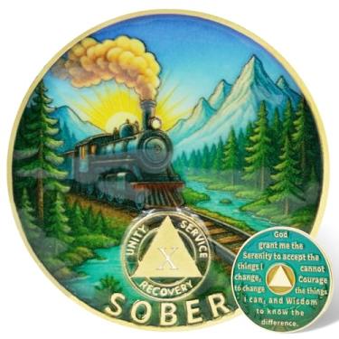 Imagem de Leafence Moeda AA Sobriety Alcoólicos Anônimos Chip de Recuperação com Oração Serenidade, Design de Trem e Montanha Medalhão de Token AA para Presente de Sobriedade do Programa de 12 Passos (Moeda de