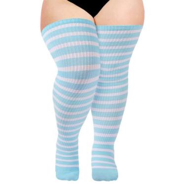 Imagem de Meias de algodão Moon Wood Plus Size até a coxa, azul, branco