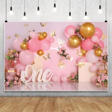Imagem de Pano de fundo de primeiro aniversário de 2,1 x 1,5 m para meninas, balões de borboleta rosa e dourada, fundo de fotografia 3D, decoração de festa de primeiro aniversário para meninas, decoração de