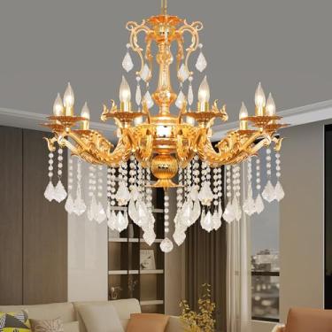 Imagem de Lustre de cristal dourado de luxo, luminária pendente de cristal K9 vintage de 81 cm com 10 luzes, luminária de teto com acabamento em latão antigo com braços enrolados para sala de jantar, sala de