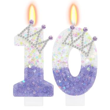 Imagem de ElekFX Vela branca roxa número 10, topo de bolo com coroa de glitter, decorações de festa de aniversário de princesa para meninas e mulheres, lembrancinhas de festa de aniversário