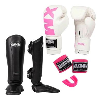 Imagem de Kit Luva de Boxe Feminina MXM Branco e Rosa + Caneleira Muay Thai Preta + Bandagem 3m + Protetor Bucal - Maximum (LUVA 10oz + CANELEIRA M)