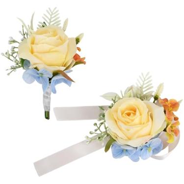 Imagem de MAFELOE Conjunto de 2 peças de corpete e flor na lapela, acessórios de flores artificiais, decorações de terno para baile, festa de casamento, celebração, evento de negócios - amarelo (W5-X1-MG-XY)