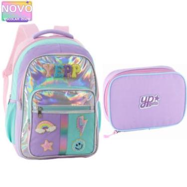 Imagem de Kit Mochila Holográfico Rainbow Feminina Com Estojo Escolar Juvenil - 