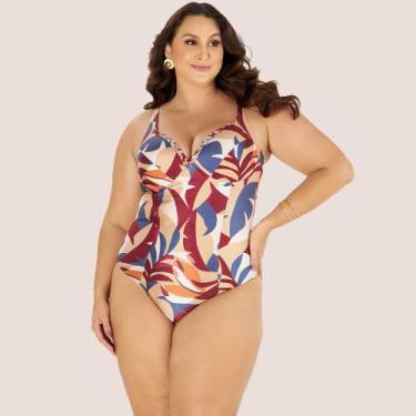 Imagem de Maiô Banho de Mar Estampado com Bojo Zero Barriga Plus Size, Vermelho,