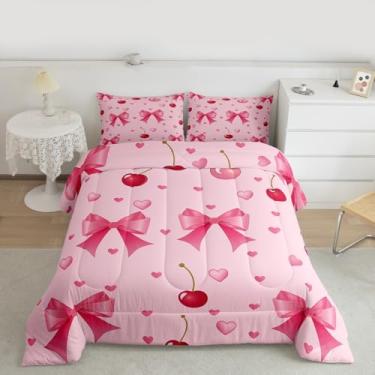 Imagem de jejeloiu Conjunto de edredom casal com laço de cereja e laço de princesa, para crianças, meninos, rosa, decoração de quarto, 3 peças com 2 fronhas
