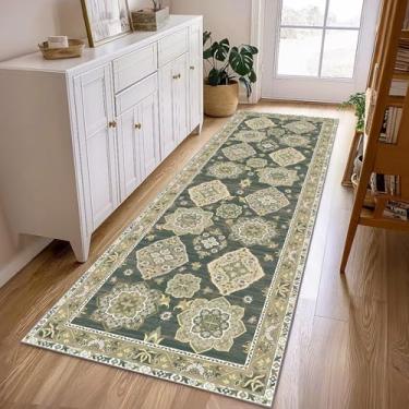 Imagem de Vhong Tapetes laváveis Boho Vintage 2x6 corredores neutro moderno pequeno tapete verde antiderrapante para cozinha, lavanderia, quarto, sala de estar