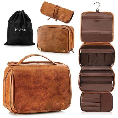 Imagem de Necessaire Masculina de Couro, 3 em 1, ELVIROS, Marrom