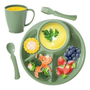 Imagem de Pratos divididos para crianças, dieta de estudantes, tigela oval de 4 compartimentos com garfo, colher e copo de água para frutas, legumes, carne, sobremesa, grãos