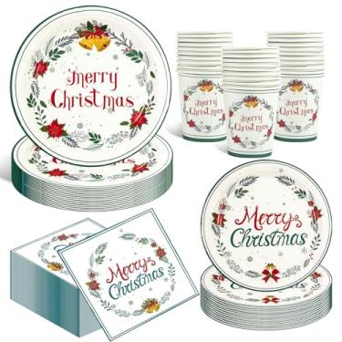 Imagem de EVYIENEN 200 peças de pratos e guardanapos de papel de Natal, poinsétia, flor, árvore, pratos de jantar descartáveis, pratos de sobremesa de festa, suprimentos de festa de inverno, serve 50