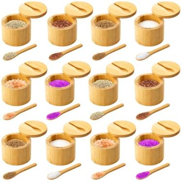 Imagem de Honeydak 12 peças de recipiente de sal de bambu de 170 g com tampa giratória magnética e colher caixa de armazenamento de bambu suporte de cozinha pote para armazenamento de pimenta especiarias açúcar