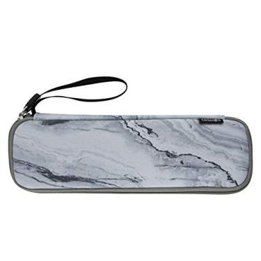 Imagem de Kit de talheres portáteis CM Estojo de transporte de neoprene macio para viagem, organizadores de talheres com zíper, bolsa de armazenamento de talheres reutilizável para garfo de palha e colher de palha, suporte de utensílio, Marble White Pattern