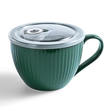 Imagem de Tigela de sopa de cerâmica com alça, canecas de café grandes de 680 g, canecas de sopa jumbo com tampas para cereais matinais, aveia, café, chá, lava-louças e lava-louças, presente de casamento de