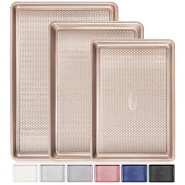 Imagem de Conjunto de 3 assadeiras para forno HONGBAKE, formas antiaderentes com padrão de textura de diamante, assadeira de biscoito resistente de 0,8 mm de espessura, ouro champanhe