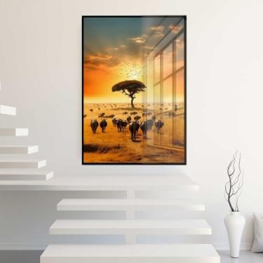 Imagem de Quadro Decorativo com Moldura e Acrilico Cristal Vidro Paisagem Africana Savana Por do Sol Sala Quarto Hall