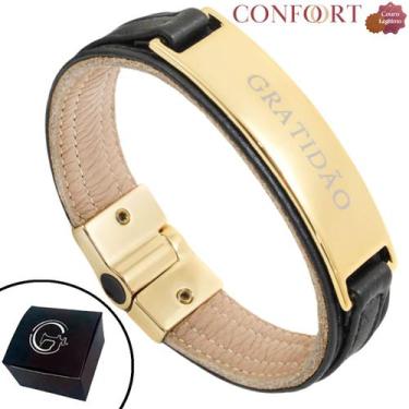Imagem de Pulseira de Couro Masculina Feminina Gratidão Magnética Dourada Seja G