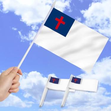 Imagem de Mini bandeira cristã pacote com 12 - Bandeiras cristãs pequenas em miniatura de mão - Resistente ao desbotamento e cores vivas - 12 x 20 cm com mastro sólido e topo de lança