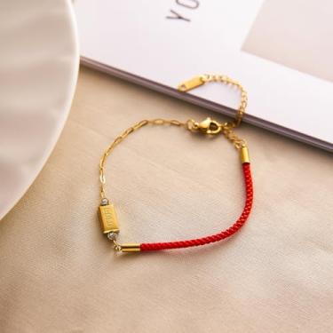 Imagem de Pulseira de corda vermelha com bloco retangular dourado, pulseira de corrente de meia corda para mulheres