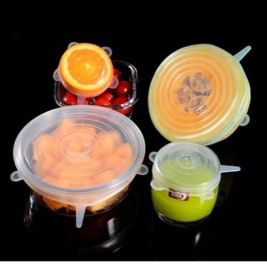 Imagem de Pacote com 6 tampas elásticas de silicone reutilizáveis – Capas duráveis de armazenamento de alimentos para tigelas – Acessórios de cozinha seguros para lava-louças e freezer – Transparente