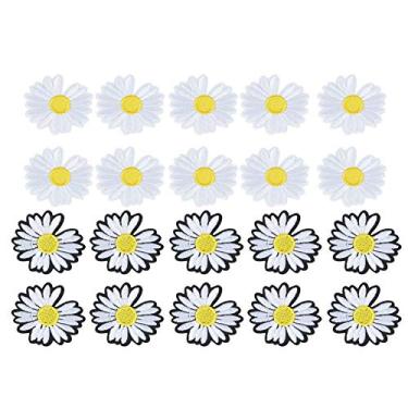 Imagem de 20 peças de remendos de roupas de margarida, apliques bordados delicados costurados adequados para roupas, lençóis, sacos de pano, cortinas, lençóis de cama, toalhas de mesa (mistos preto e branco)