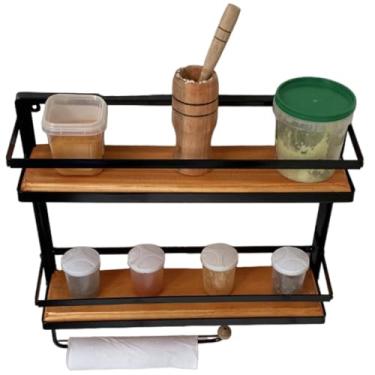 Imagem de Porta Condimentos 2 Andares com Suporte para Papel Toalha – Organizador de Cozinha em Madeira Artesanal | Design Moderno e Funcional