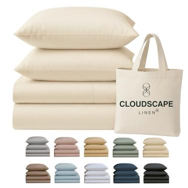 Imagem de Conjunto de lençóis King Size Cloud Scape Linen 400 fios - 100% algodão egípcio, macio, durável e respirável, bolso profundo de até 41 cm, marfim