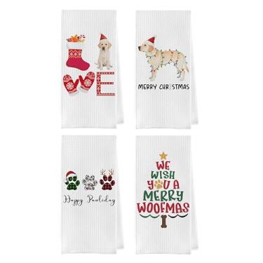 Imagem de Geqtt Conjunto de toalhas de cozinha de labrador de Natal - Toalhas de prato de waffle de presente de laboratório amarelo, toalha de chá de mão decorativa de árvore de cachorro labrador, 40 x 61 cm
