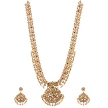 Imagem de TARINIKA Conjunto de colar longo indiano banhado a ouro antigo para mulheres com Jhumka, pendurado, brinco de gota de latão tradicional casamento Desi joias CZ colar de noiva com pedras preciosas CZ