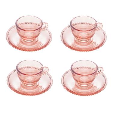 Imagem de Cj 4 Xícaras P/Café C/Pires de Cristal Pearl Bolinha Rosa 80ml Wolff
